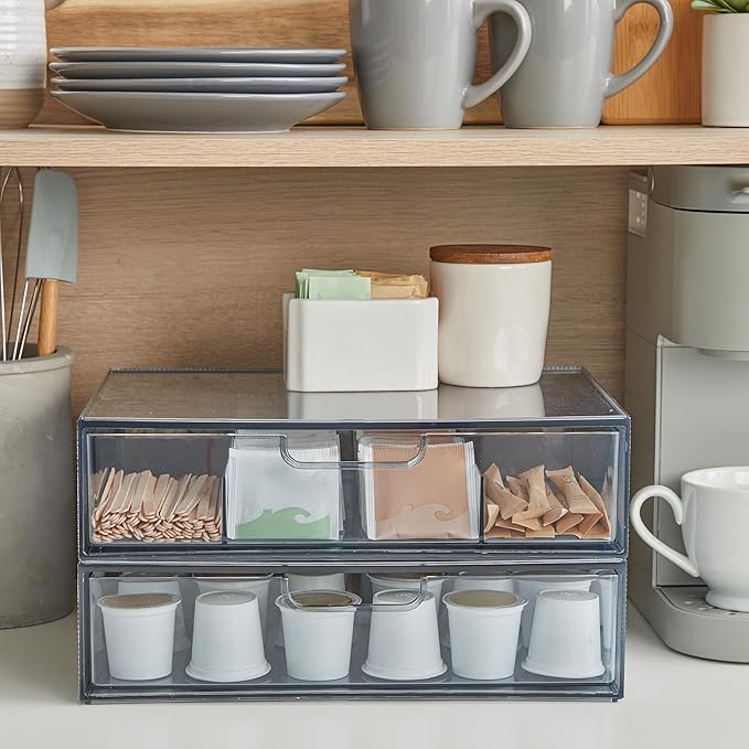 STORi STAX Plastic Stackable Organizer Drawers (Set of 2) Classic Grey | 12.5" Wide | Set Includes One Open Drawer & One Divided Drawer | Organize Office Desk Accessories & Sort Paper | Made in USA