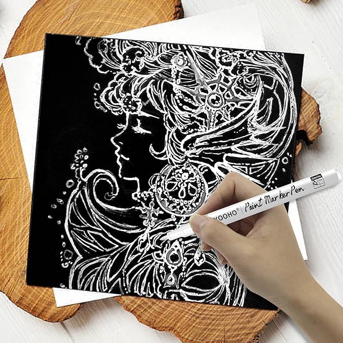 Paint Pen White Black Acrylic Marker Set for Rock Wooden Tire Metal Leather Glass Painting, 0.7mm Fine Point Quick Drying (3pcs Black +3pcs White)
