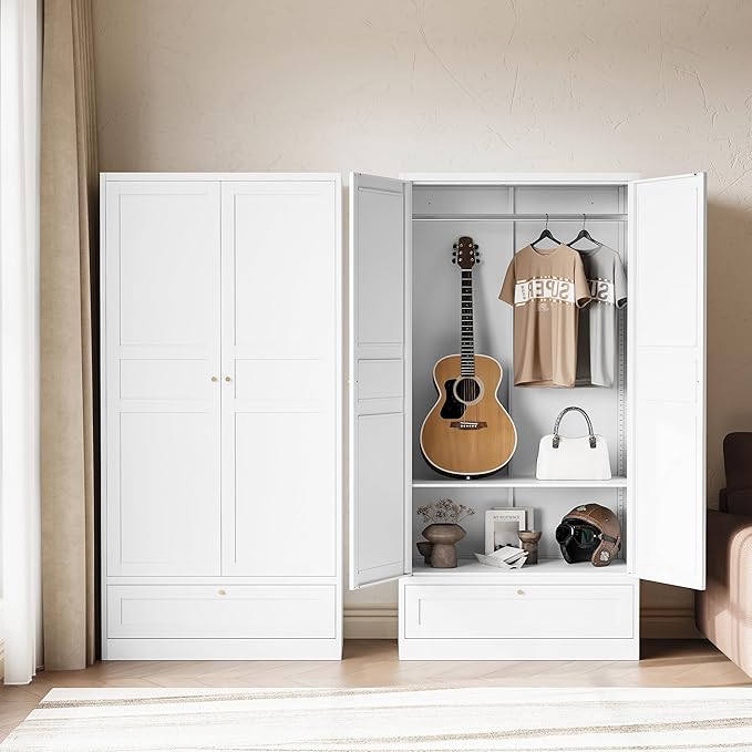 Letaya Wardrobe Closet,72" H Clothing Metal Storage Cabinet with Storage Drawer Adjustable Shelves and Hanging Rod,Bedroom Armoire Cabinet Clothes Organizer (White)