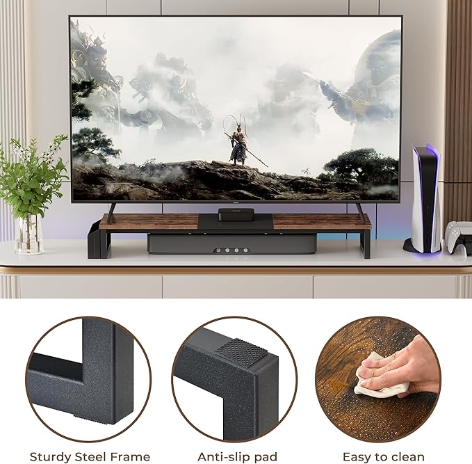 LAND·VOI Dual Monitor Stand Riser,41.5'' Long Monitor Stand for 2 Monitors, Wood Computer Riser with Pocket, Desktop Oraganizer with Pen Holder, Monitor Riser for Desk Computer,Laptop,TV, Rustic Brown