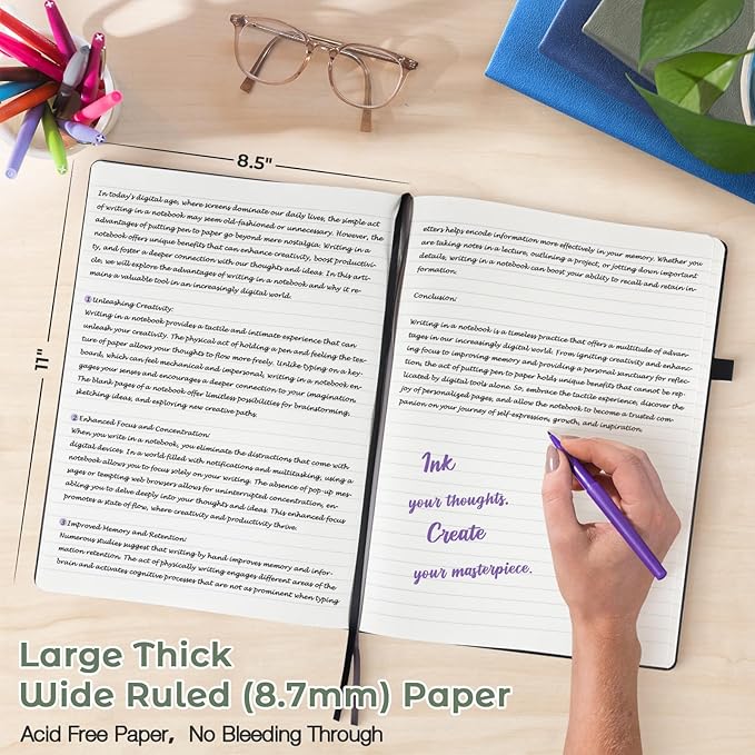 Lined Journal Notebook, 8.5" x 11" Hardcover Leather Notebook for Work, Wide Ruled Notebook Journal for Women Men, 192 Thick Paper, Lay Flat, 2 Pockets, A4 Large Journals for Writing, Green Journal