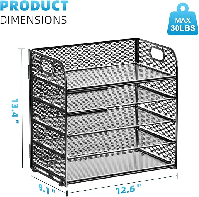 Marbrasse Desk Organizer - 5 Tier Paper Letter Tray, Mesh File Organizer with Handle for Office, School and Home