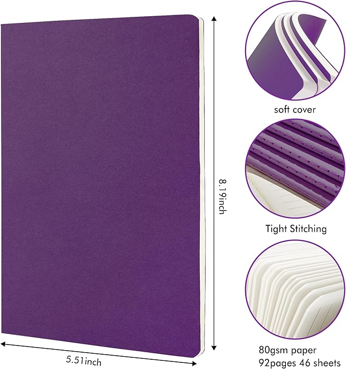 feela 36 Pack Soft Cover Journal Bulk, Lined Blank Travel Journal for Women Men Writing, Notebooks College Ruled for Work, Note Taking Notebook School Business Supplies, 8.2” x 5.5”, A5, Dark Purple