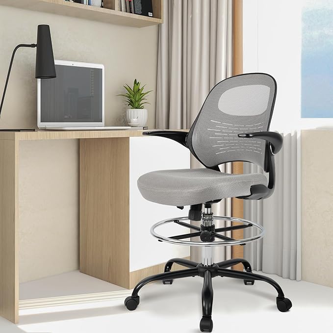 HYLONE Tall Drafting Chair Standing Desk Chair with Flip-Up Armrests, Adjustable Height Ergonomic Office Chair with Footrest Ring - High Stool Chair for Standing Desk（Grey）