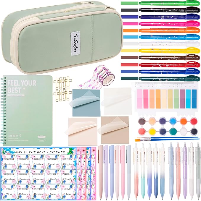 No Bleed Bible Highlighter Pen Set Study Supplies for Women - Pencil Pouch,12 Highlighters with 75 Tabs, 16 Gel Pens ( Black & Color Ink ) Notebook - Bible Journaling Catholic Christian Gift, Green