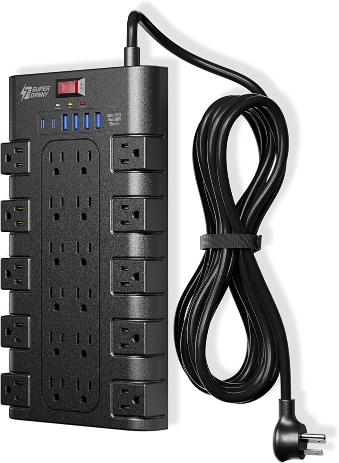 Surge Protector Power Strip, SUPERDANNY Charging Station 22 Outlets with 45W Type-C Fast Charging USB Ports, 4 USB-A, 2 USB-C, 2100J, 15A/1875W, 6.5Ft Flat Plug Extension Cord for Home Streaming Black