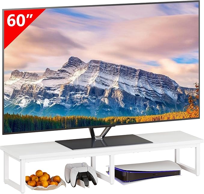 Clikuutory 45" Large TV Riser for 32-60 inch TVs, Tabletop Stand with Steel Legs, Storage & Dual - Screen Office Desk Function, Ideal for Home Office, Bedroom, Living Room, White