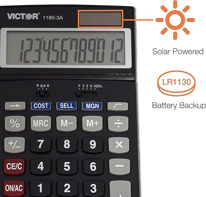 Victor 1180-3A 12-Digit Standard Function Calculator, Battery and Solar Hybrid Powered Adjustable Angle LCD Display, Great For Home and Office Desks, Black