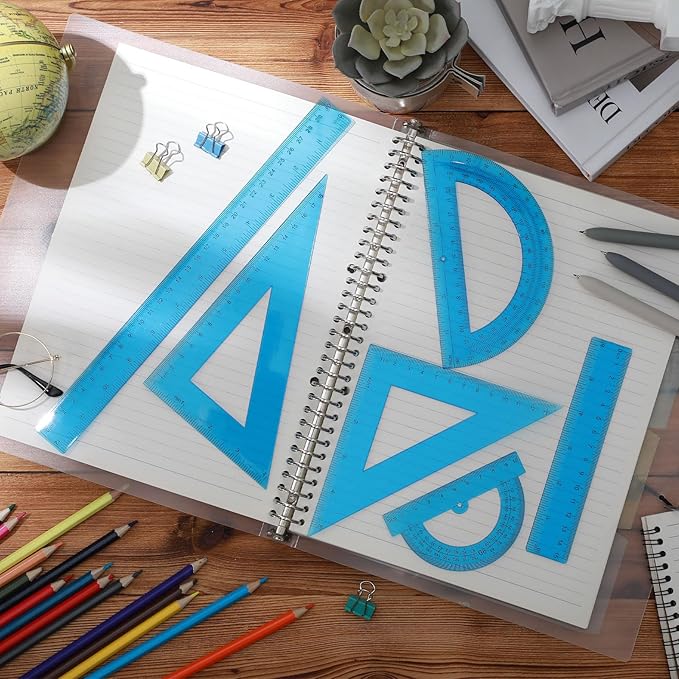 Tenare 6 Pcs Plastic Ruler Math Set Includes 12 Inch 6 Inch Straight Protractor Triangle Geometry Transparent Math Ruler Measuring Tools for School Office Home(Blue)