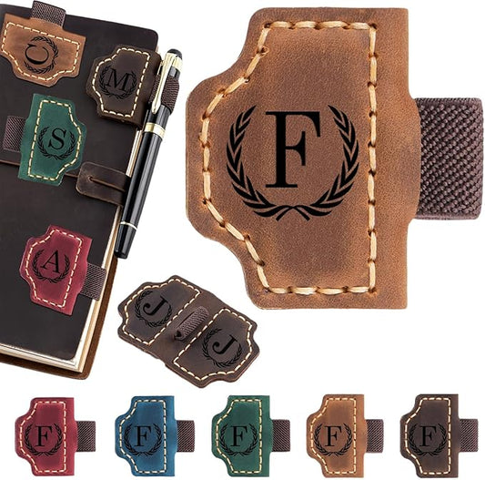 Personalized Magnetic Leather Bookmark with Pen Holder - 26 Letters Custom Book Mark with Name Initial Engraved Book Marker for Readers, Book Lovers, Travelers - Gift for Women & Men(Light Brown，F