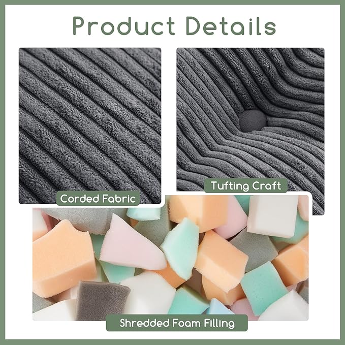 HIGOGOGO Square Stuffed Pouf Ottoman, Corduroy Poufs with Foam Chunk Filling, Furry and Fluffy Pouf Foot Stool Storage Ottoman, 25.6 X 25.6 Floor Poufs Foot Rest for Living Room, Dark Grey