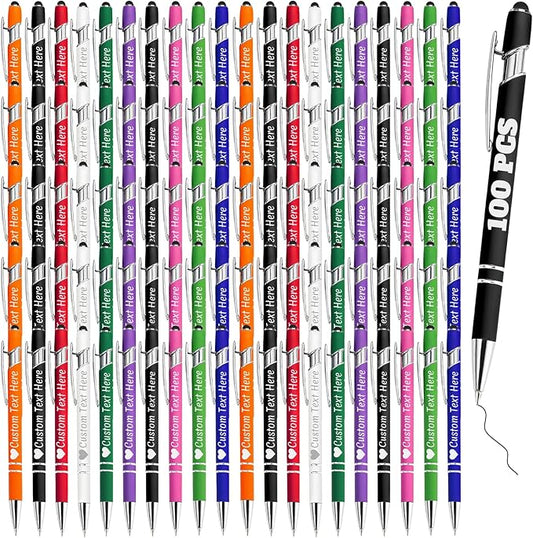 Personalized Pens Bulk 100 with Name Custom Engraving Ballpoint Pens with Stylus Tip Customized Smooth Writing Pens Personalized Gifts for Anniversary Birthday or Graduation(Assorted,Black Ink)