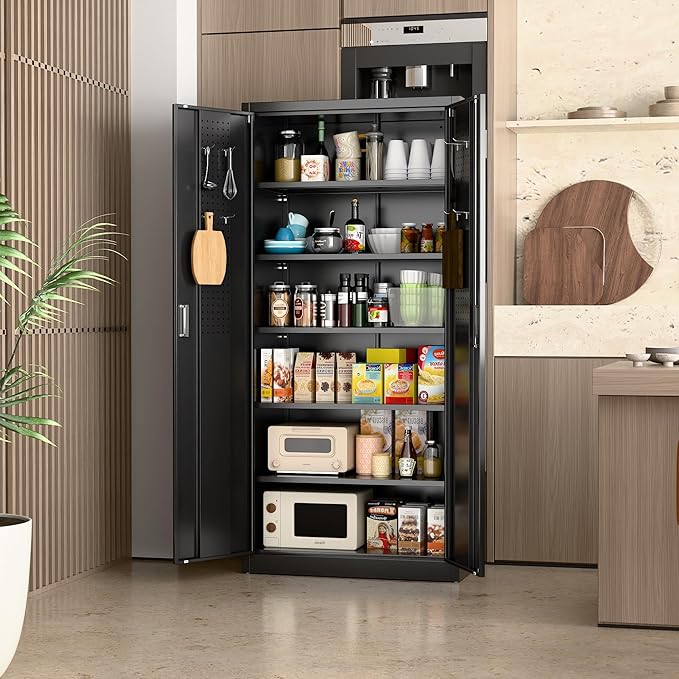 Aobabo Upgraded 71" H×34" W×18" D Metal Garage Storage Cabinet with Pegboards, Lockable Steel Cabinet with 5 Adjustable Shelves and 4 Hooks for Garage, Home, Office, Black,Assembly Required