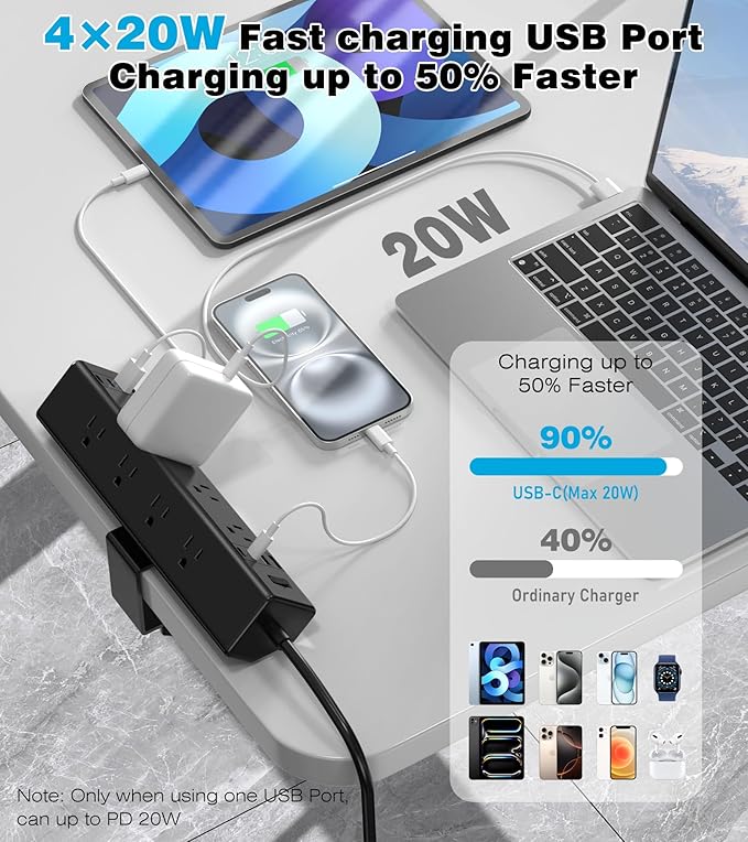 40W Fast Charging Station,Desk Clamp Power Strip,4 USB-C Ports & 8 AC Outlets,Desktop Edge Mount Surge Protector Power Strip,14AWG Heavy Duty Cord,Fit 1.9" Tabletop Edge for Home Office(10Ft Cable)