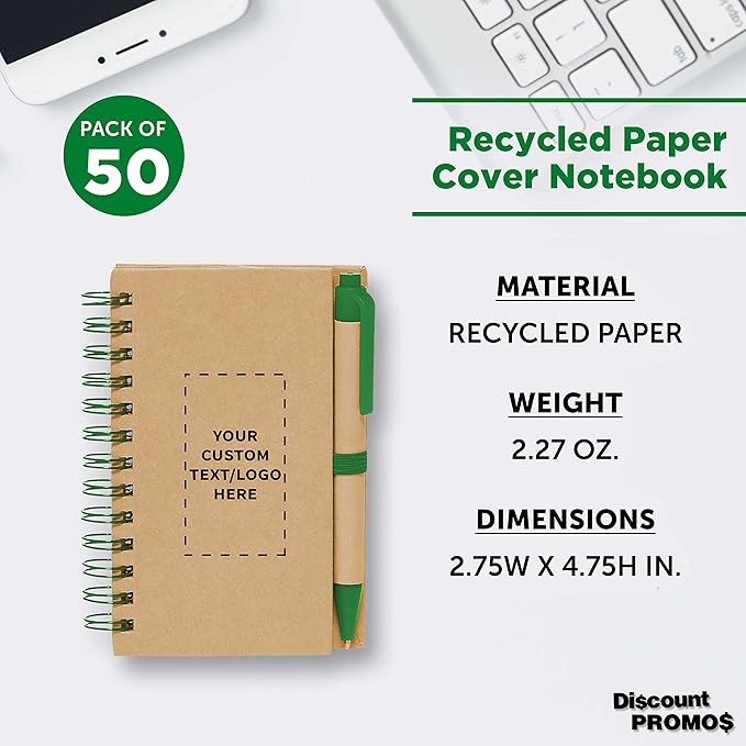 Custom Mini Spiral Notebooks with Black Ink Pens Set of 50, Personalized Bulk Pack - Perfect for School, Office, Business, Home - Green