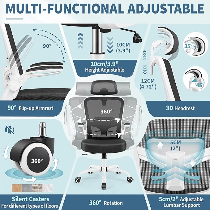 FelixKing Ergonomic Office Chair, Headrest Desk Chair with Adjustable Lumbar Support, Home Office Swivel Task Chair with High Back and Armrest, Adjustable Height Gaming Chair (White)