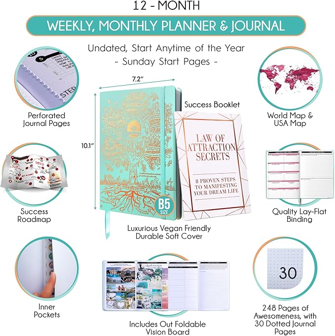 Law of Attraction Planner – Undated Hourly, Weekly & Monthly Goal Setting Planner, 12-Month to Increase Productivity | Life & Gratitude Journal, Include Foldable Vision Board, Gift Box & Stickers