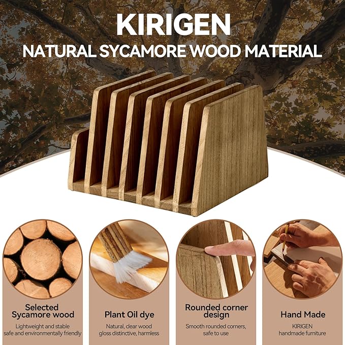 KIRIGEN Wood File Mail Organizer 7 Slots File Paper Holder Desktop Wood Document Letter Holder Organizer for Home Office Brown (7KWJJ-DBR)
