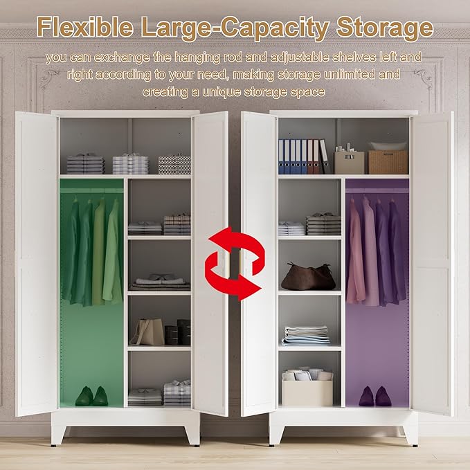 71'' Farmhouse Metal Wardrobe Cabinet with Hanging Rod, 2 Barn Door Wardrobe Closet with 5 Adjustable Shelves,Drawer,for Dining Room,Bedroom,Living Room, Cloak Room,Office (White)