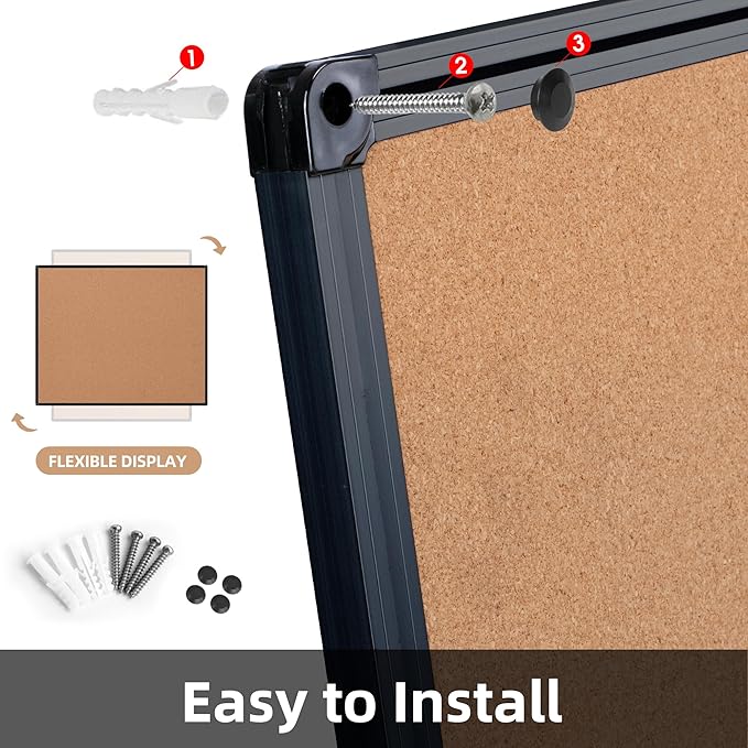 Board2by Extra Large Cork Bulletin Board 48" X 48", Black Aluminum Framed 4'x4' Corkboard for Wall, Wall Mounted Notice Pin Board with 18 Push Pins for School, Home & Office