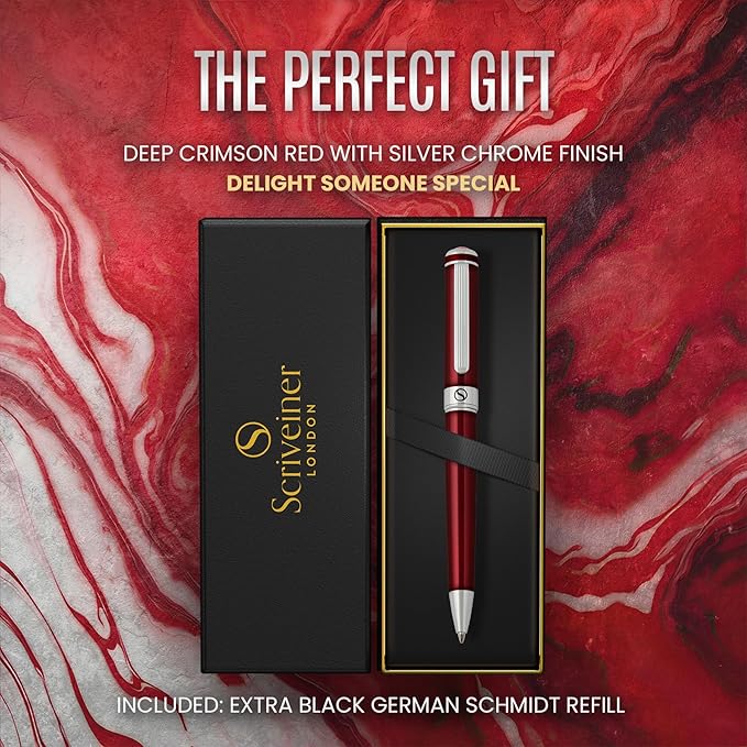 Scriveiner Deep Crimson Ballpoint Pen - Stunning Red Lacquer Luxury Pen, Chrome Finish, Schmidt Black Refill, Best Ball Pen Gift Set for Men & Women, Professional Executive Office, Nice Designer Pen
