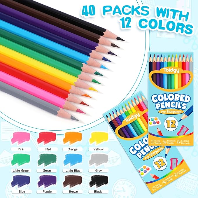 480 Count Colored Pencils Bulk, 40 Packs Colored Pencils for Kids 12 Colors, Pre-sharpened Coloring Pencils for Adults, Bulk School Supplies for Teachers, Back to School Supplies, Classroom Prizes