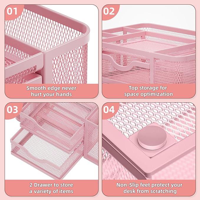 Marbrasse Mesh Desk Organizer, Pen Organizer with 2 Drawer, Multi-Functional Pencil Holder, Desk Organizers and Accessories with 5 Compartments + Drawer for Office Art Supplies (Pink)