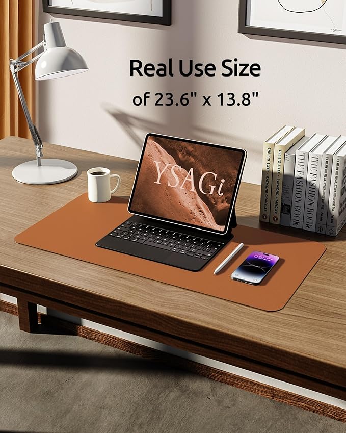 YSAGi Desk Pad Protector, Large Mouse Mat, Non-Slip PU Leather Waterproof Laptop Desk Blotter/ Writing Pad for Office and Home (23.6" x 13.8", Brown)