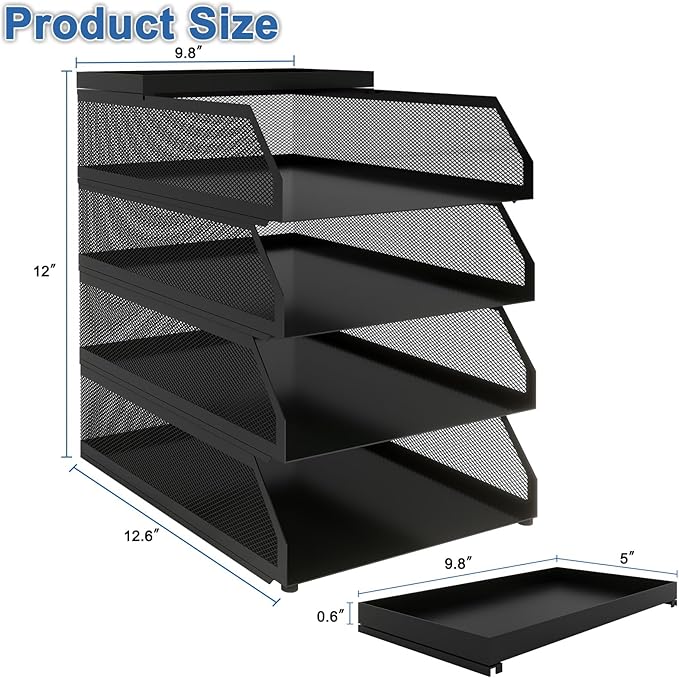 Natwind 4-Tier Stackable Paper Tray, Metal Mesh Desktop Organizer, Paper Sorter, Letter Trays,File Document Storage Rack for for Home, Office, School (Black)