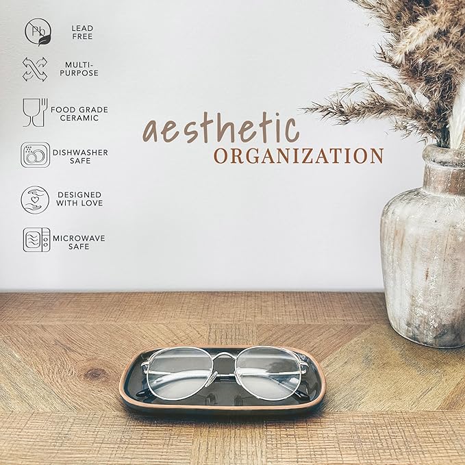 Mora Ceramic Decorative Tray - Rectangle 6.4in Dish for Jewelry, Perfume, Makeup, Accessories, Candle, in The Bathroom Vanity, Bedside, or Kitchen Counter. Cute Organizers - Black