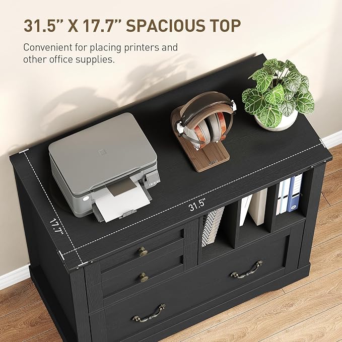 Farmhouse File Cabinet, Lateral Filing Cabinet with 3 Drawers and Folder Organizer, Office Storage Cabinet for A4 Letter Size Files, Printer Stand with Storage for Home Office, Black
