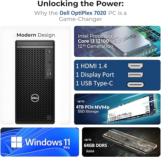 Dell OptiPlex Desktop Computer, 7020 Tower Dekstop PC, 12th Gen Intel 4-Core Processor (Beats Core i7-9700), 16GB DDR5 RAM, 512GB PCIe SSD, DVDRW, WiFi Adapter, RJ-45, Keyboard & Mouse, Windows 11 Pro