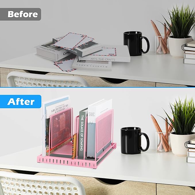 EASEPRES 5 Section Vertical Metal Mesh Desk File Organizer, Spacing Adjustable Upright Desktop Paper Mail Document Magazine Sorter Folder Holder for Workspace Office School Home, Pink