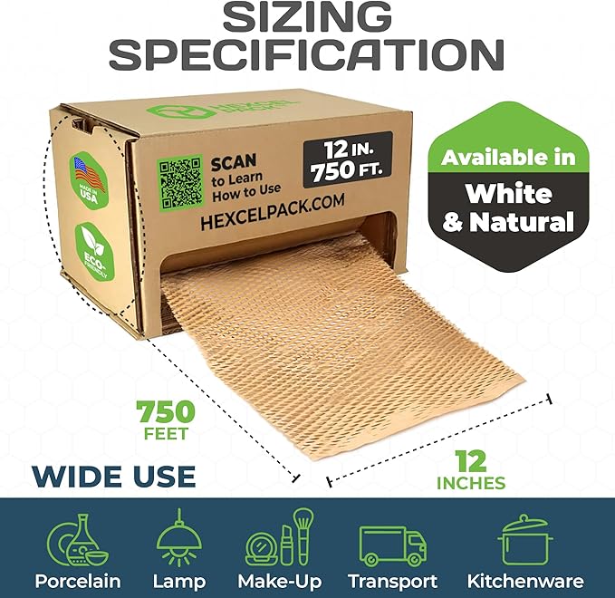 HexcelWrap Mini - Honeycomb Packing Paper, Eco-Friendly, Sustainable Paper Bubble Wrap for Shipping & Moving, Cushioned Packing Material in Dispenser - Natural, Pallet of 40, 12" x 750'