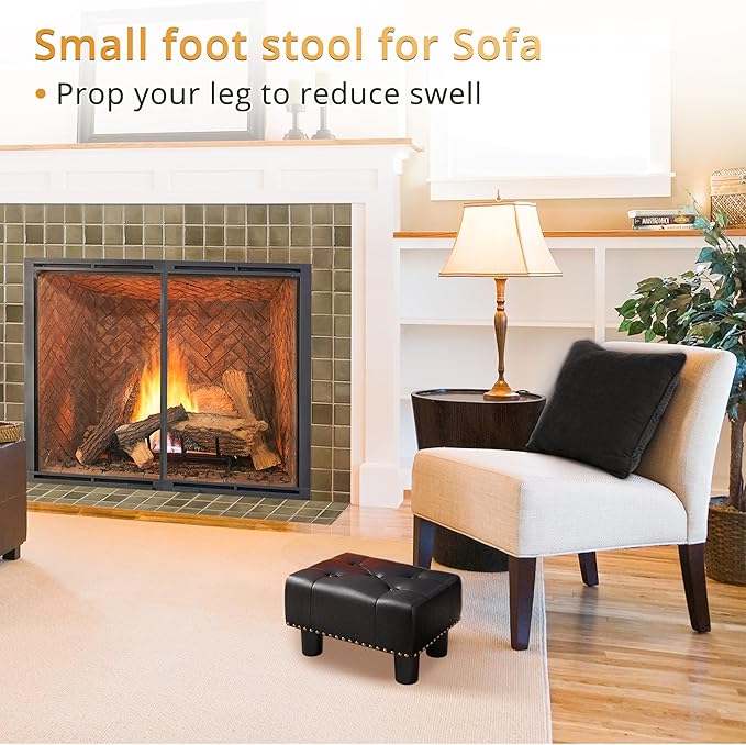 LUE BONA Small Tufted Foot Stool, Black Rivet Faux Leather Footrest with Plastic Legs, 9''H, Rectangle Foot Stools for Adult with Non-Slip Pads, Sofa Footstool for Living Room, Couch