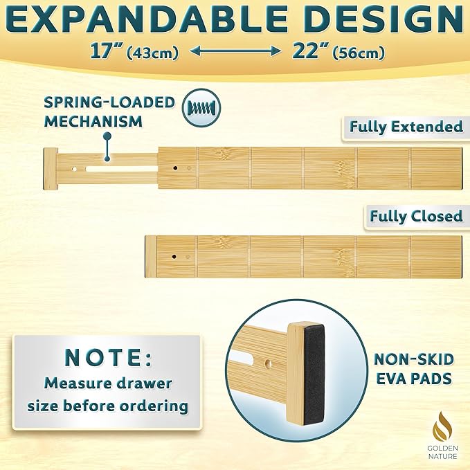 Bamboo Drawer Organizer - with Inserts & Labels, 17-22" - Adjustable Spring Loaded Kitchen Dividers for Utensils & Junk Storage - Expandable Silverware Separators for Organization