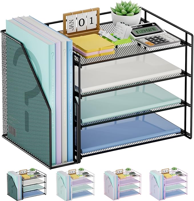 Marbrasse Desk Organizer and Accessories，4-Tier Paper Letter Tray Organizer with File Holder，Desk Accessories & Workspace Desktop Organizers for School Home Office Supplies (Black)
