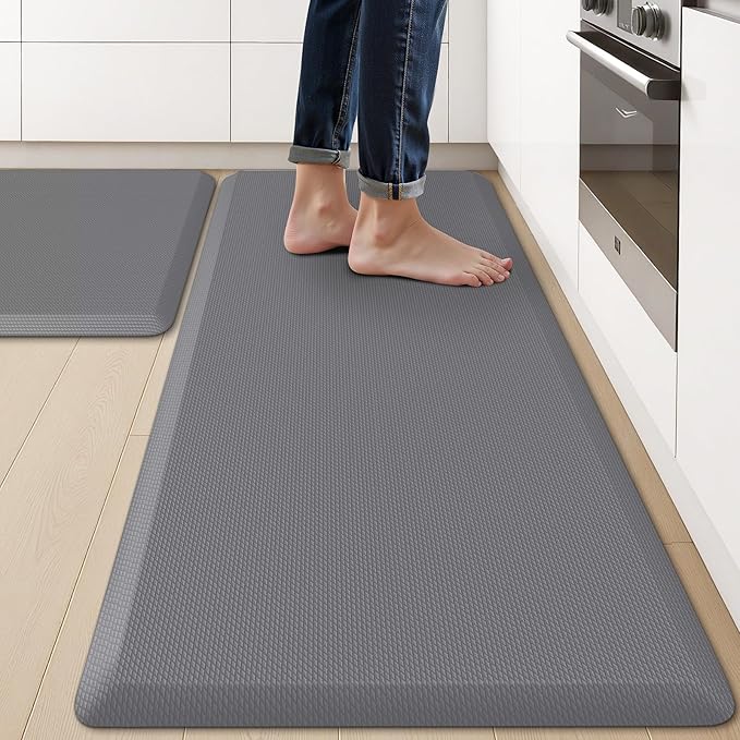 KitchenClouds 2PCS Kitchen Rugs Cushioned Anti-Fatigue Non-Slip Waterproof Kitchen Mat Comfort Foam Standing Mat for Floor Office Sink Laundry (Grey)