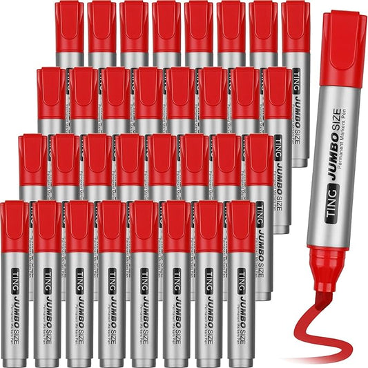 Fuutreo 32 Pcs Jumbo Permanent Markers Bulk Large Chisel Tip Permanent Markers Waterproof Jumbo Pens Quick Drying Office Teacher Supplies(Red)