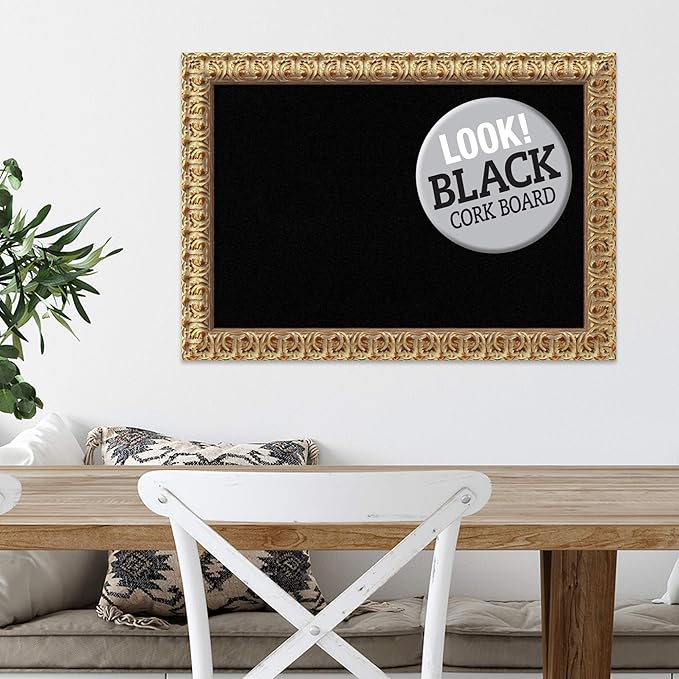 Amanti Art Black Cork Board for Wall, 19x27 Vision Board with Gold Wood Frame, Medium Corkboard Office Decor for Home Organization, Traditional Corkboard Pinboard to display items for home