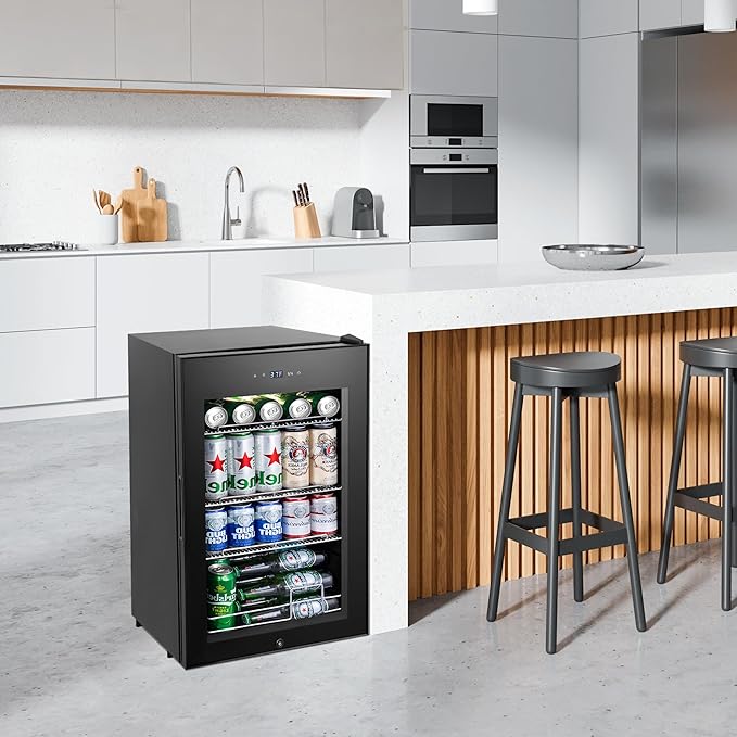 Beverage Refrigerator Cooler, 17 Inch 120 Cans Freestanding Mini Fridge with Glass Door, Adjustable Shelves and LED Light, Small Drink Fridge Counter-top Beer Fridge for Bedroom Office Bar