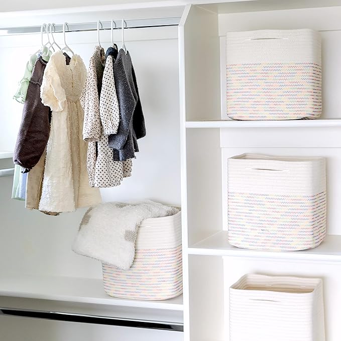 NaturalCozy Storage Cubes 11 Inch Cotton Rope Woven Baskets for Organizing, 3-Pack | Cube Storage Bin | Square Storage Baskets for Shelves Organizer, Classroom, Kids Toy Bins, Closet, Baby Nursery