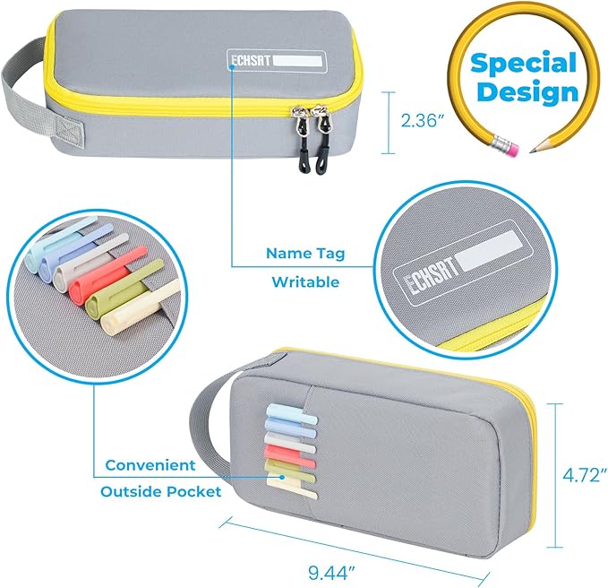 ECHSRT Big Pencil Case, Aesthetic Portable Zipper Pencil Bag with Hidden Pocket, Special Pouch for Men Women Adults, Stationery Organizer Pen Cases for Office Travel, Grey