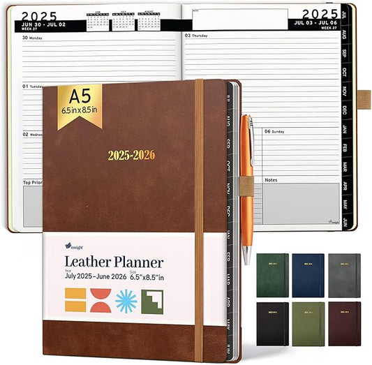 Ensight 2025-2026 HARDCOVER Leather Planner Weekly & Monthly - 6.5x8.5 Inches - Academic Planner Business Personal or Student - Pen Holder, Thick Paper, July 2025 - June 2026 (Brown)