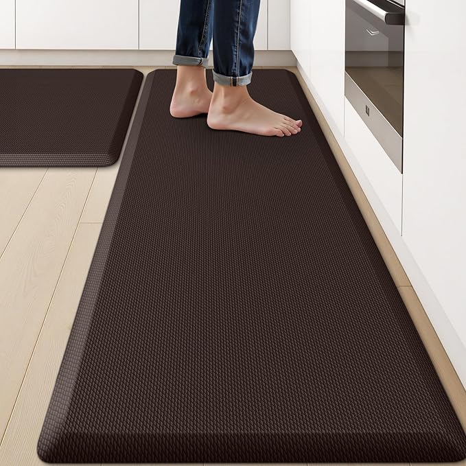 KitchenClouds 2PCS Kitchen Rugs Cushioned Anti-Fatigue Non-Slip Waterproof Kitchen Mat Comfort Foam Standing Mat for Floor Office Sink Laundry (Chocolate)