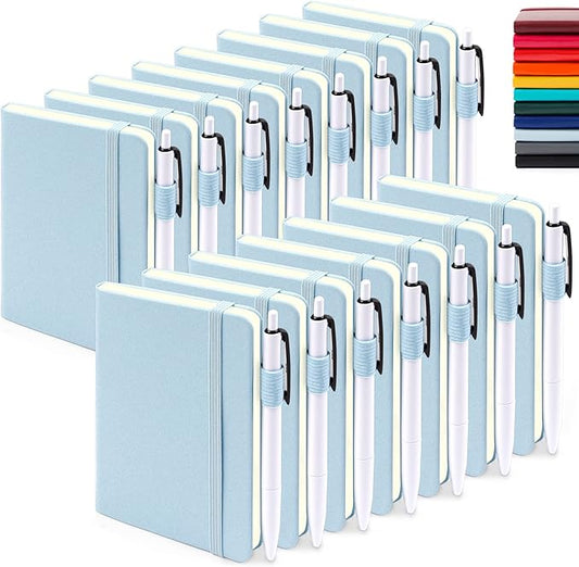 feela 15 Pack Pocket Small Notebooks Bulk, Mini Cute Memo Notepads Hardcover College Ruled Lined Journals with Pen Holder for Women Girls Office School, with 15 Black Pens, 3.5”x 5.5”, A6, Light Blue