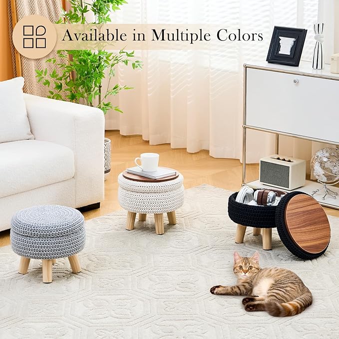 Round Storage Ottoman Foot Rest Cotton Braided Foot Stool Pouf Ottoman with Solid Wood Legs Footstool with Storage Shoe Changing Stool for Living Room Gray