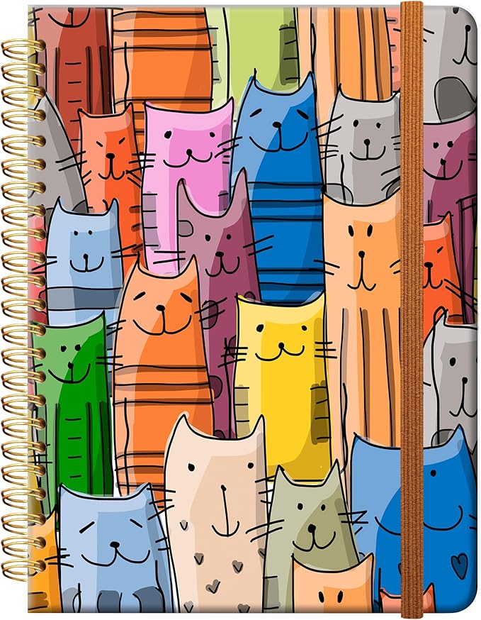 Ruled Spiral Writing Notebook,A5 Hardcover Lined College Journal for Women Lady,Fashion Puppy Watercolor Strong Twin-Wire Binding with Premium Paper,8.4" X 6",Perfect for School,Office,Home Gifts(Funny Cats)