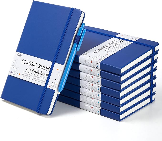 feela 8 Pack Journal Notebook Bulk for School, Hardcover Business Notebooks Classic Ruled Lined Journals with Pen Holder for Work Note Taking, with 8 Black Pens, 120 GSM, 5.1”x8.3”, A5, Navy