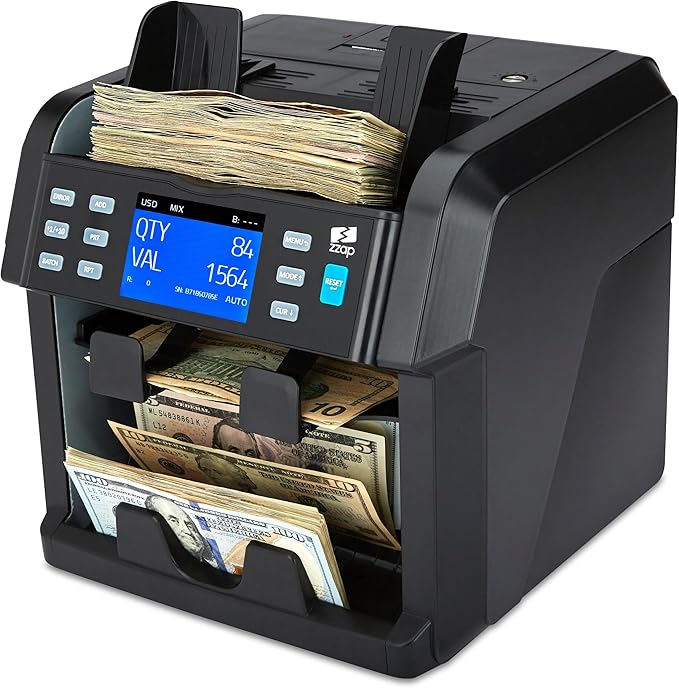 ZZap NC70 Mixed Denomination Bill Counter/2 Pocket Sorter/Counterfeit Detector - Money Cash Value Currency Machine